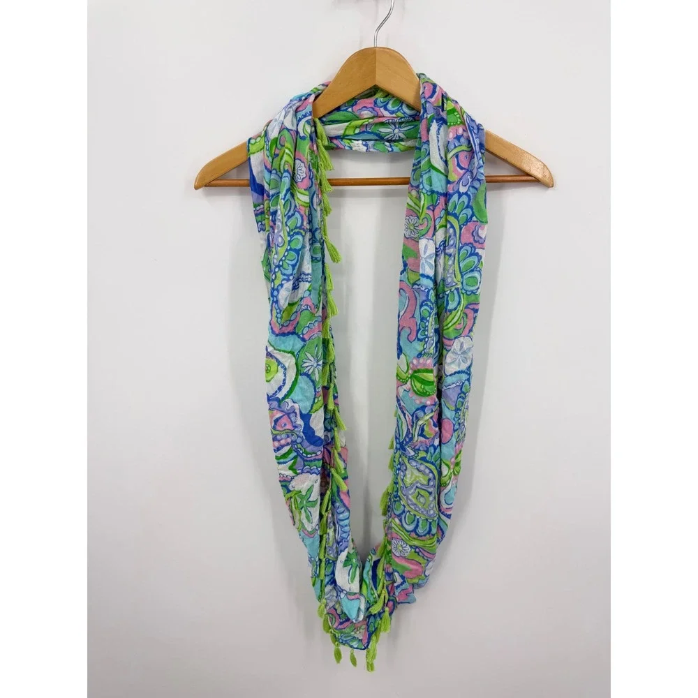 Lilly Pulitzer infinity loop scarf Conch Republic green tassel trim